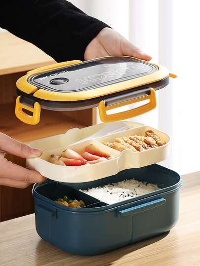 Thickened Pp Plastic Bento Box With Double Layers & Compartments, Microwave-safe For Office Workers, Rose Red, 1pc